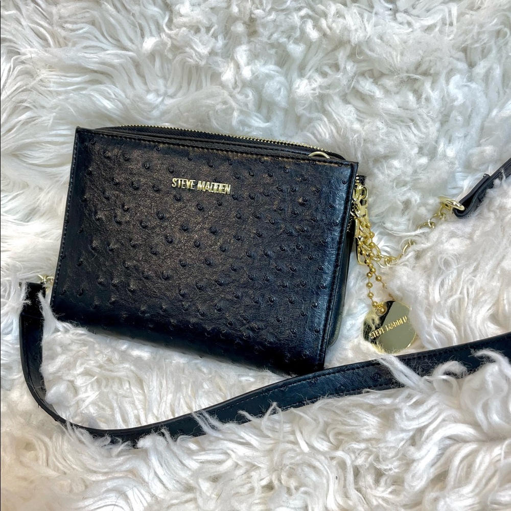 Steve Madden Bgreer Ostrich Leather Black Crossbody